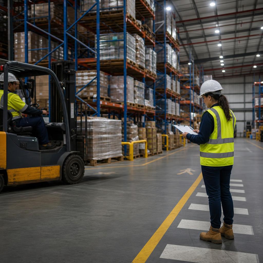 Safety officer in warehouse with forklifts and pedestrian walkways